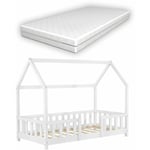 Décoshop26 - Lit pour enfant cabane maison avec matelas barrière et sommier à lattes en bois de pin blanc 70 x 140 cm