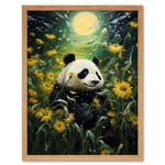 Midsummer Night's Panda Dream Oil Painting Panda Bear in a Full Moon Sunflower Field Landscape Kids Bedroom Art Print Framed Poster Wall Decor 12x16 i