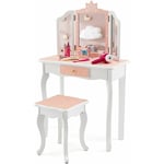 COSTWAY 2 en 1 Coiffeuse Enfants Fille avec Miroir Amovible à 3 Volets & Tabouret, Table de Maquillage avec Tiroir & Motif Flocon de Neige, Charge