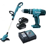 Makita DLX2114X1 18V Lit Li-ion Battery Battery Drill / vis Machine (DHP453) & GAST TRIMMER (DUR181) CHEEBISET (Batterie 2x 3.0AH)