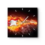 Horloge murale en verre 30x30cm Silencieuse Flames guitare instrument Wall Clock