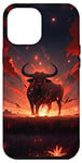 Coque pour iPhone 14 Pro Max Bull bison rouge vif coucher de soleil, étoiles de nuit lune fleurs #4