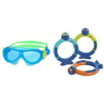 Zoggs Kids' Phantom Mask with UV Protection And Anti-fog Swimming Goggles, Blue/Green/Yellow, 0-6 Years & Children's Zoggy Dive Rings Pool Toy and Game (Pack of 3), Blue/Lime/Orange, One Size