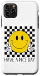 Coque pour iPhone 11 Pro Max Have a Nice Day, sourire rétro des années 70, visage souriant à carreaux