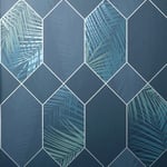 Fine Decor Miami Tropical Geo Navy Silver Wallpaper FD42837 - Palm Leaf