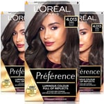 3x Loreal Preference PARIS 4.013 REFINED BROWN Permanent Hair Colour Dye