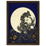 Doppelganger33 LTD Man In The Full Moon Blue Floral Lunar Illustration Artwork Framed A3 Wall Art Print