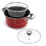 24cm Deep Fat Fryer Non Stick Chip Pan Casserole Pot Fry Frying Basket Glass Lid