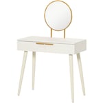 Coiffeuse miroir rond style Art déco - 2 tiroirs - piètement effilé bois - métal doré effet bois blanc