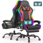 Devoko LED Chaise Gaming avec Massage en Cuir PU, Chaise Gamer Ergonomique avec Repose-Pieds et Dossier Réglable 90-135°, Charge Maximale 180 kg, Fauteuil Gamer (Cuir, Rouge)