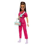 Barbie Doll in Trendy Pink Jumpsuit with Storytelling Accessories and Pet Puppy, Brown Hair in High Ponytail, HPL76