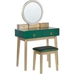 Coiffeuse avec Tabouret et Miroir en Bois et MDF Polyester Vert et Doré Fedry