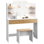 Idmarket - Coiffeuse zelia blanc et hêtre table de maquillage 4 étagères, miroir led et tabouret