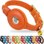 OOPSDOGGY Cat Collar with Bell for AirTag - Non Breakaway Leather Kitten Collar with Apple Air Tag Holder - Lightweight Integrated GPS Pet Collars for Girl Boy Cats, Small Dogs, Puppies (Orange)