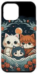 Coque pour iPhone 14 Plus mignon anime chat portrait de famille avec couronne, lune, fleurs