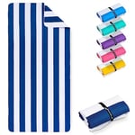 Fit-Flip Microfibre Beach towel - large beach towel - lightweight, compact and super absorbent - sand free quick dry towel, 100% recycled microfibre travel towel – white-navy blue stripes 200x90cm