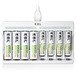 EBL 8 Slots AA AAA Battery Charger and 4 AA and 4 AAA Rechargeable Batteries - Individual Battery Charger with 5V 2A Fast Charging Function with Rechargeable Battery AA AAA Sets