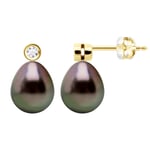 Ateliers Saint Germain Womens Earrings Prestige -Diamonds 0,02 Cts - Yellow Gold - Real Cultured Tahiti Pearls Pear 9-10 mm - One Size