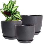 WOUSIWER Plant Pots 10/9/8 inch, Set of 3 Modern Decorative Plastic Planters with Drainage Holes and Saucers for House Plants Indoor Flowers Plants, Black