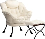 Fauteuil Chaise Scandinaves Avec Repose-Pieds, Chaise Paresseuse En Velours Chaise De Canapé De Loisirs Avec Structure En Acier, Beige Avec Repose-Pieds