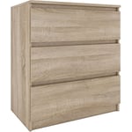 Aster T3 - Commode de chambre 3 tiroirs - 77x70x40 - Meuble de rangement - Style Scandinave Sonoma