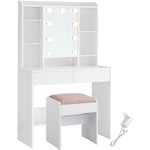 Coiffeuse avec Éclairage led de 9 Ampoules, Tabouret Rembourré, 3 Couleurs avec Luminosité Réglable, Conception Moderne, pour Chambre à coucher,