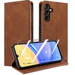 QHOHQ Tenphone Coque pour Samsung Galaxy A15 4G/5G [avec A15 Verre Trempé], [RFID Blocage], Etui Protection Housse Premium en Cuir PU, [Multifonctionnel] Magnétique Flip Case (Rétro) - Marron