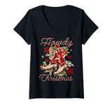 Womens Retro Howdy Christmas Cowgirl Boots Coquette Bow Western V-Neck T-Shirt