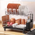 MAJALiS 304 Stainless Steel Dish Drying Rack, Large Detachable Dish Rack, 2 Tier Sink Dish Drainer Rack for Kitchen Counter with Cutting Board Holder, Cup Holders, Utensil Holder