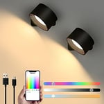 Lightess RGB Wall Lights Battery Operated Smart APP Control Rechargeable Wall Spotlight Dimmable Wall Sconce Light 19 Colors Adjustable Touch Control Wall Lamps for Bedroom Picture Lights Black 2 Pc