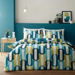 Fusion - 70s Retro Shapes Blue Duvet Cover - King Bedding Size (230 x 220cm) - Funky Hula Hoops Bed Set - Easy Care & Washable - Blue Duvet Cover w/Geometric Circle Print - Vector Retro Inspired