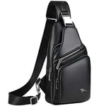 QXuan Men's Sling Bag Vintage Genuine Leather Backpack Purse Anti-theft with USB Charging Port and Headphone Hole,Small Chest Shoulder Bags Daypack for Outdoor Casual Sport Travel (Black 2)