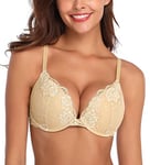 Deyllo Soutiens-Gorge Femme Rembourré avec Armature Dentelle Lingerie Push-up Brassiere Classiques Brassière Maintien Beige 95D