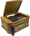 Hif-1993Bt Platine Vinyle Vintage 3 Vitesses 33/45/78, Radio Fm, Lecteur Cd/Cdr/Cdrw/Cd-Mp3, Cassette, Bluetooth, Usb Fonction D'Enregistrement, Télécommande, Rétro En Bois