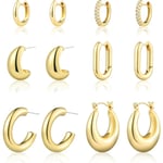 6 par Gold Hoop Örhängen Set för kvinnor, 14K guldpläterade Hypoallergena Lätt Chunky Öppna Huggie Hoops örhängen Smycken för present. Gold