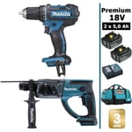 Pack de machines outil - Makita - Premium 18V 5Ah: Perceuse 62Nm DDF482 + Perforateur 2J DHR202