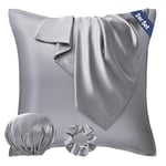 Seiwohl Taie d Oreiller en Satin 60x60 Lot de 2, Similaire aux Taies d'oreillers en Soie 60 x 60 cm Housse de Coussin Protege Silk Pillowcase, Certifiée Oeko-TEX, Gris, avec 1 Chouchou et 1 Bonnet