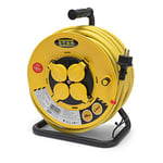 Stak REELPRO-FR-40 Enrouleur electrique professionnel, tambour fixe, water proof IP44 cable 40m en caoutchouc 3G2.5m㎡ pour chantier, bricolage, jardin. 4 Prises, chassis acier, Jaune