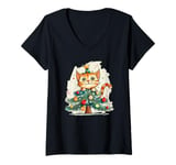 Womens Funny Festive Cat with Christmas Tree and Decoration V-Neck T-Shirt