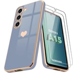 Fodral + 2 härdade glasögon för Samsung Galaxy A15 5G-4G, silikon med pläterat kärlekshjärtamönster, stötsäkert skydd - blå