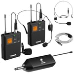 TONOR Micro sans Fil UHF avec Double Microphones Casqueà/Micro Cravate, Transmetteur Bodypack et Mini récepteur Rechargeable Sortie 6,35 mm, 60M pour des Performances en Direct Conférence Enseignement