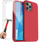 Coque Silicone Pour Iphone 15 Pro Max Rouge + 2 Protection D'écran En Verre Trempé