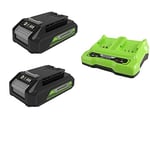 Greenworks Tools Batterie G24B2 2ème génération (Batterie puissante Rechargeable Li-ION 24 V 2,0 Ah adaptée à Tous Les appareils et Batteries de la série 24 V Greenworks Tools) +Tools G24X2C Chargeur