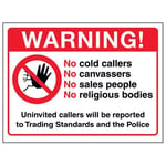 V Safety Warning! Uninvited Sales People Will Be Reported Sign - 200mm x 150mm - Self Adhesive Vinyl