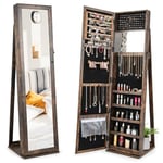 GOPLUS Armoire à Bijoux avec Miroir sur Pied, 2 en 1 Armoire à Bijoux Verrouillable pour Bagues/Bracelets/Boucle d'Oreilles/Colliers, Organisateur de Bijoux pour Chambre/Salon (Marron)