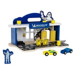 Theo Klein 3403 MICHELIN Service Station with 2 Cars , Wood I Incl Lifting Platform and Fuel Pumps I Compatible with Wooden Tracks I Toy for Children from 3 Years
