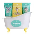 accentra - Ensemble de bain et douche BE HAPPY au parfum de vanille - coffret cadeau pour les femmes pour se détendre - coffret cadeau et soin bien-être 5 pièces avec mini baignoire décorative blanche