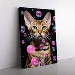 Bengal Cat Bubble Gum Painting Canvas Print for Living Room Bedroom Home Office Décor, Wall Art Picture Ready to Hang, 76x50 cm (30x20 Inch)