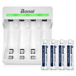BONAI 1.5V Rechargeable Lithium AA Battery With Charger, 4 Packs 3500mWh AA Rechargeable Lithium Batteries and 4-Slots Lithium Battery Charger for 1.5V Rechargeable Batteries AA AAA