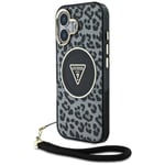 Guess iPhone 16 Mobilskal MagSafe IML Leopard Triangle Cord Strap - Svart